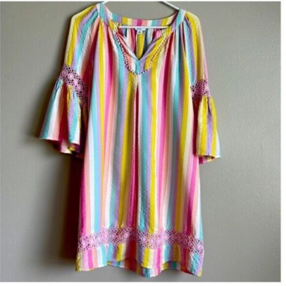 Crown & Ivy Womens XL Bell Sleeve Shirt Dress Pastel Rainbow Stripe Boho Crochet - Picture 4 of 10